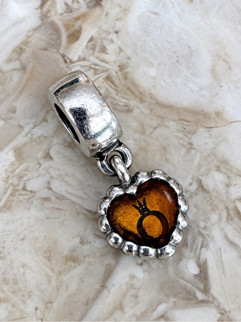 Pandora ALE 925 Sterling Retired Translucent Brown Enamel Heart Dangle Charm